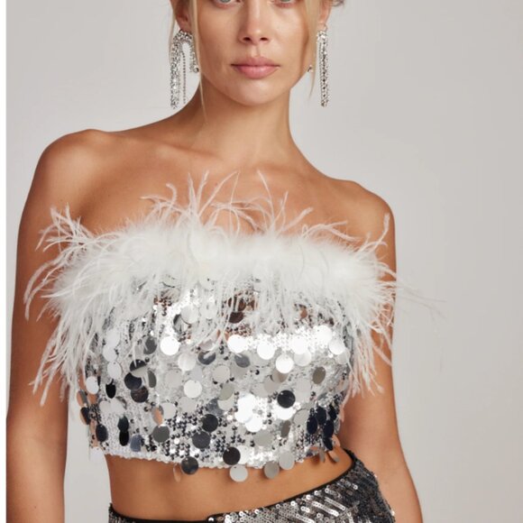 12th Tribe Sella Silver Sequin & Feather Trim Tube Top - Picture 1 of 4